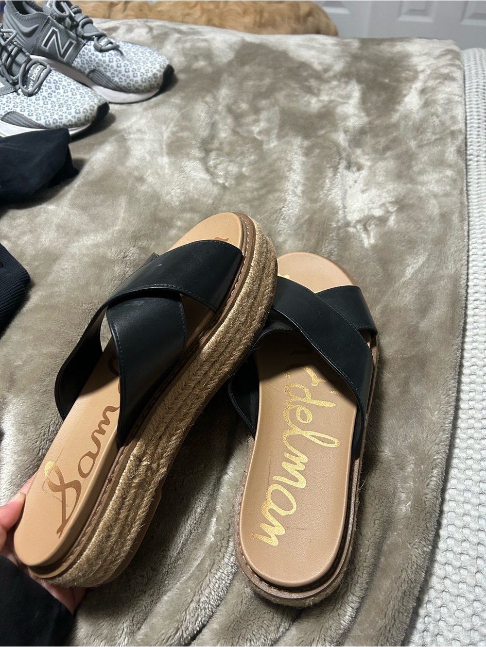 Sam Edelman Black Leather Espadrille Platform Slides